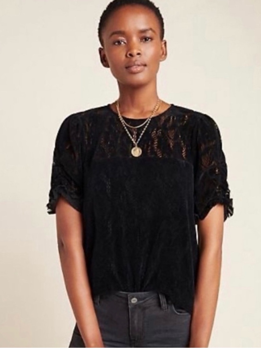 Anthropologie Parvati Velvet & Lace Puff Sleeve Blouse Size Large